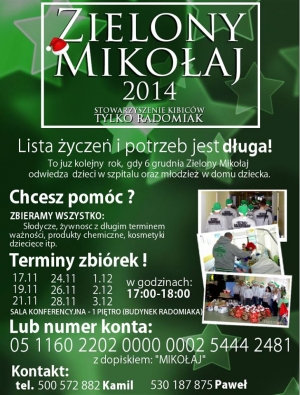 Zielony Mikołaj 2014 - wesprzyj akcję Stowarzyszenia Kibiców Radomiaka!
